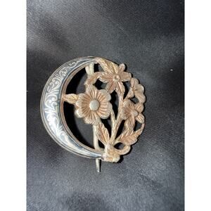 Vintage Trinket Box & Crescent Moon Floral Brooch Set Engraved Metal Boho